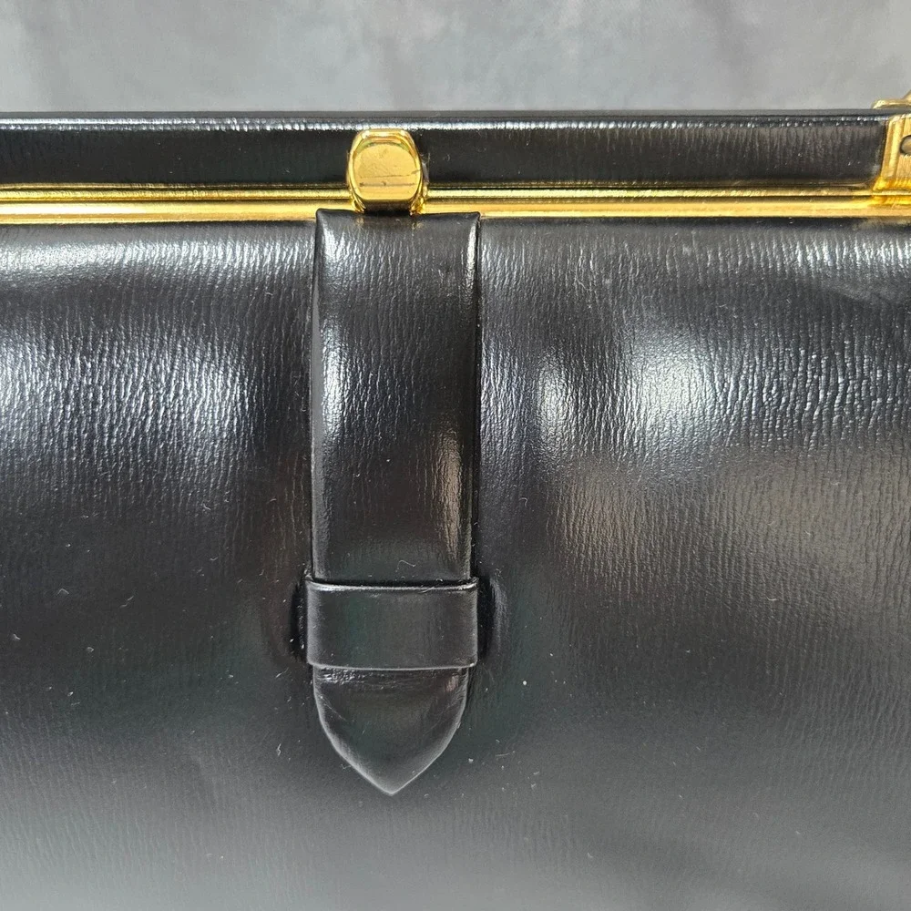 VTg 50s 60s Black Leather Kelly Frame Handbag Top Handle Purse Canada Mad Men